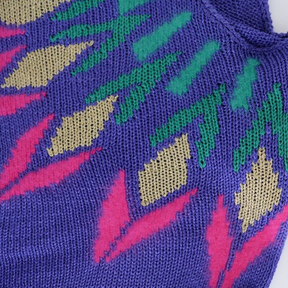 Vintage Franco Valeri Purple Knit Floral Abstract Shoulder Pad Scoop Sweater Xl - Picture 11 of 13
